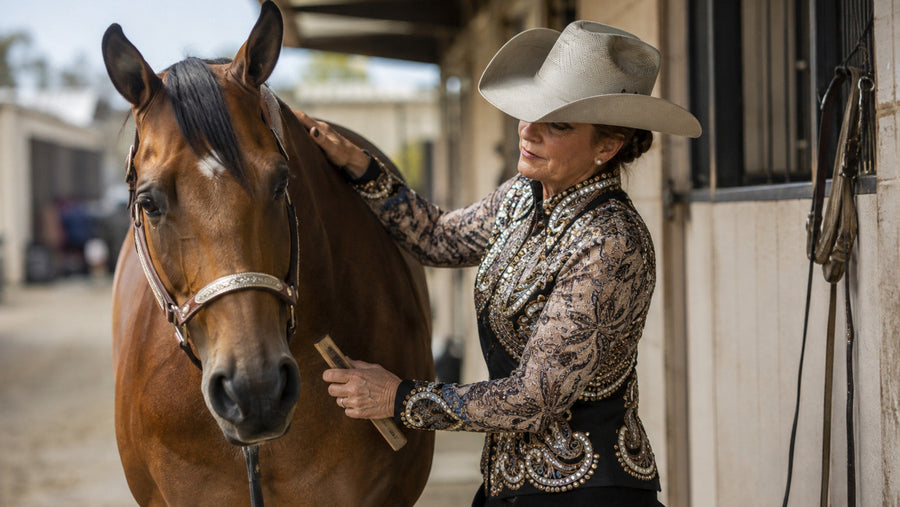Mature western exhibitor grooming her Quarter Horse at a show barn