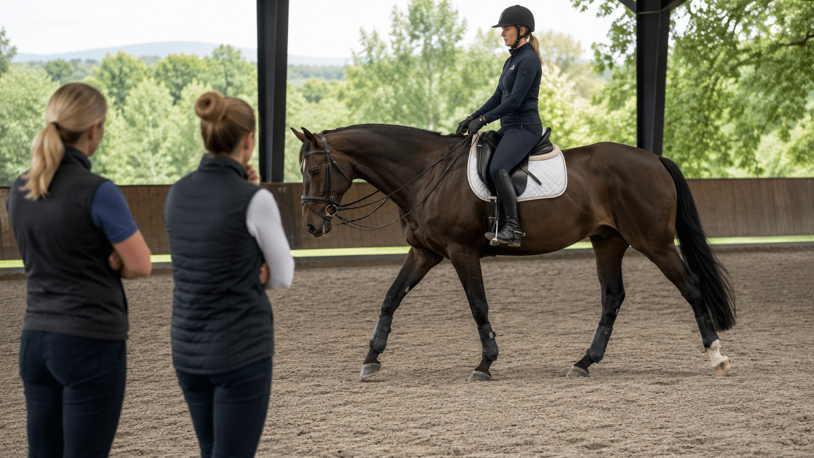 Equine professionals observing a performance horse moving in an arena