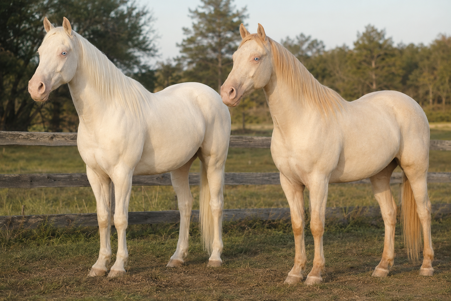 Cremello horse beside a perlino horse showing pale coats, blue eyes, pink skin and warmer perlino points