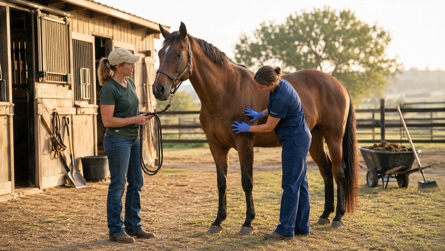 Horse owner and veterinarian checking a horse during a pigeon fever concern