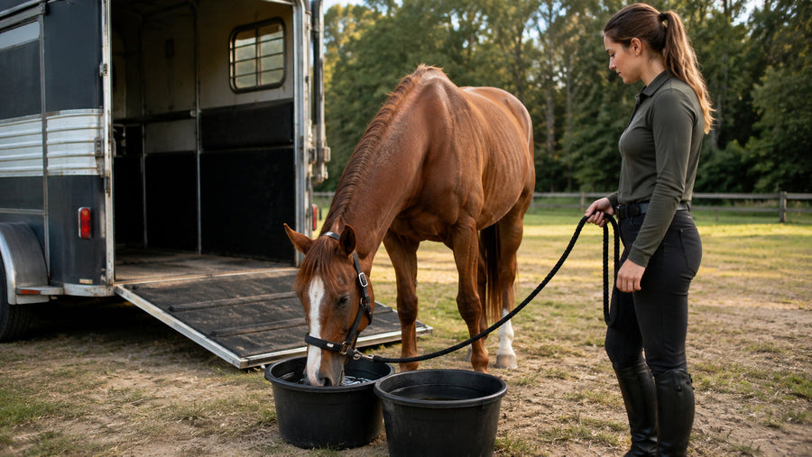 Horse drinking from one of two clean water buckets after travel