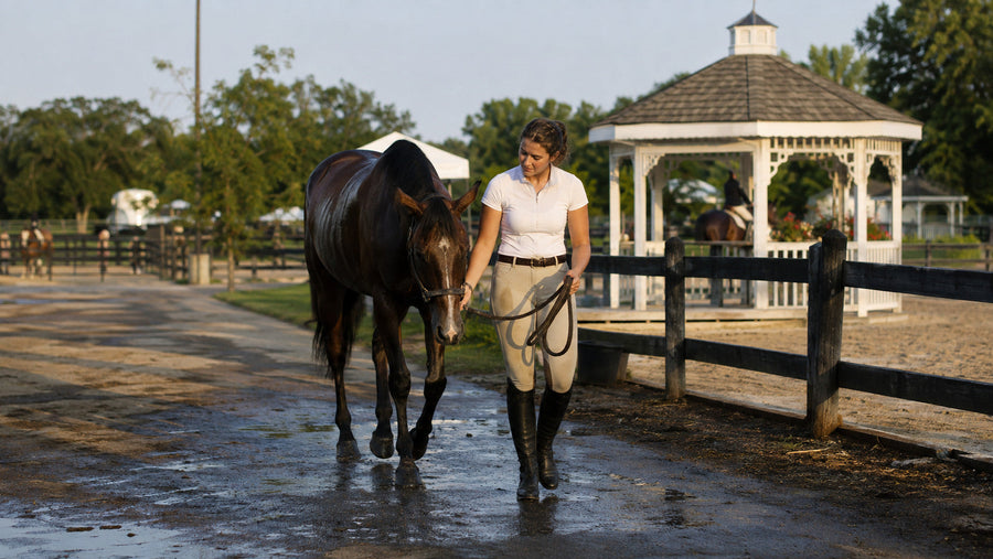 Rider hand-walking a horse after competition