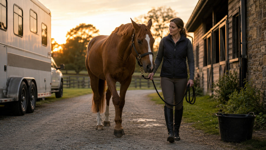 Horse walking calmly after unloading from a trailer