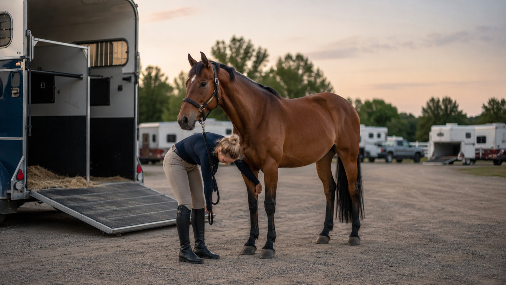 Handler checking a horse’s front leg after trailer travel