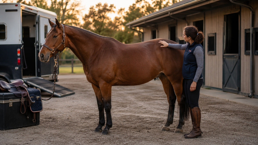 Handler checking a horse’s back after hauling