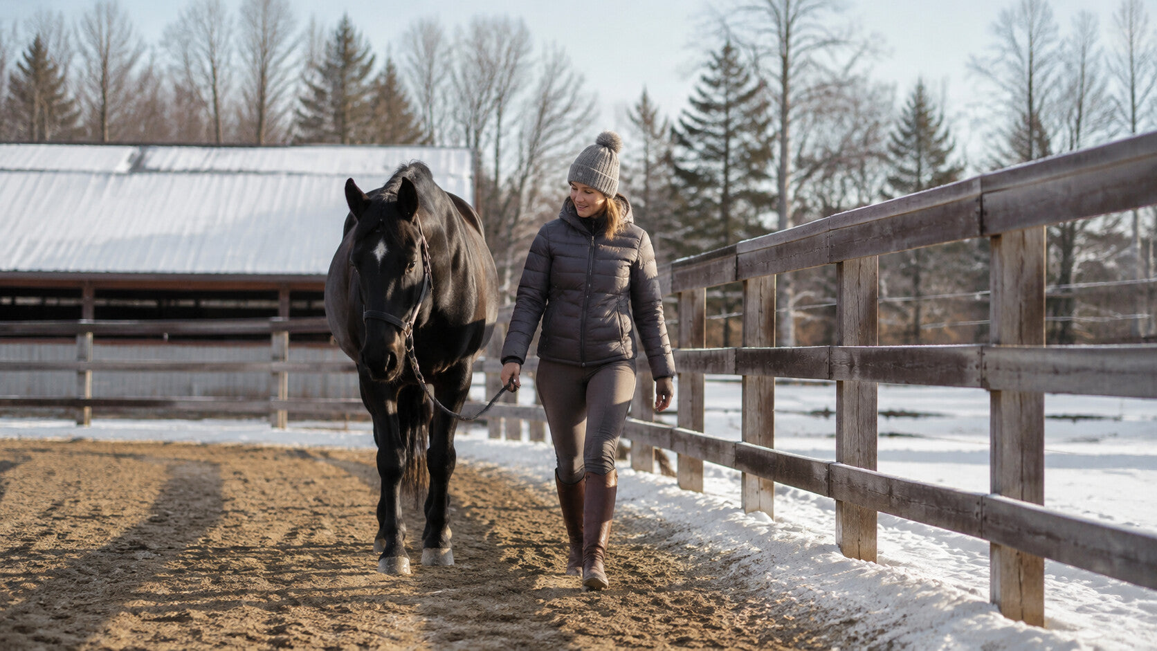 Rider hand walking a horse during a gradual return to winter work