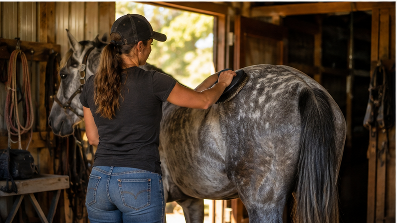 Rider grooming gray horse in barn