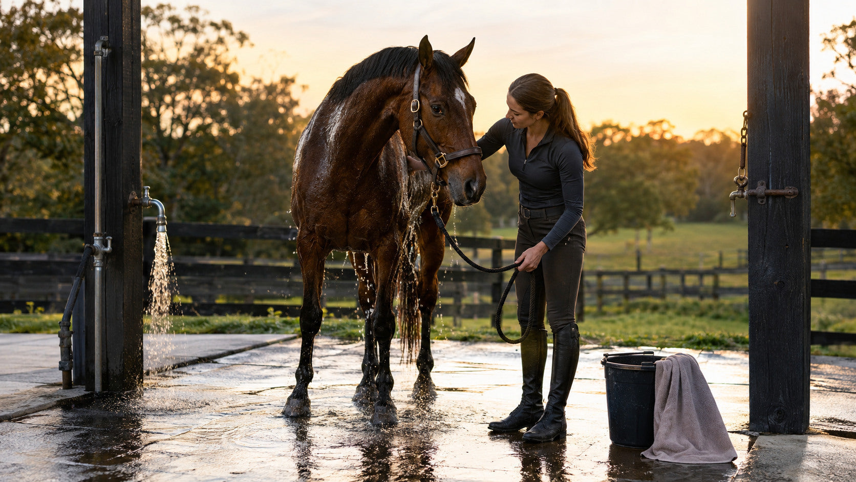 Rider cooling and checking a horse after a ride