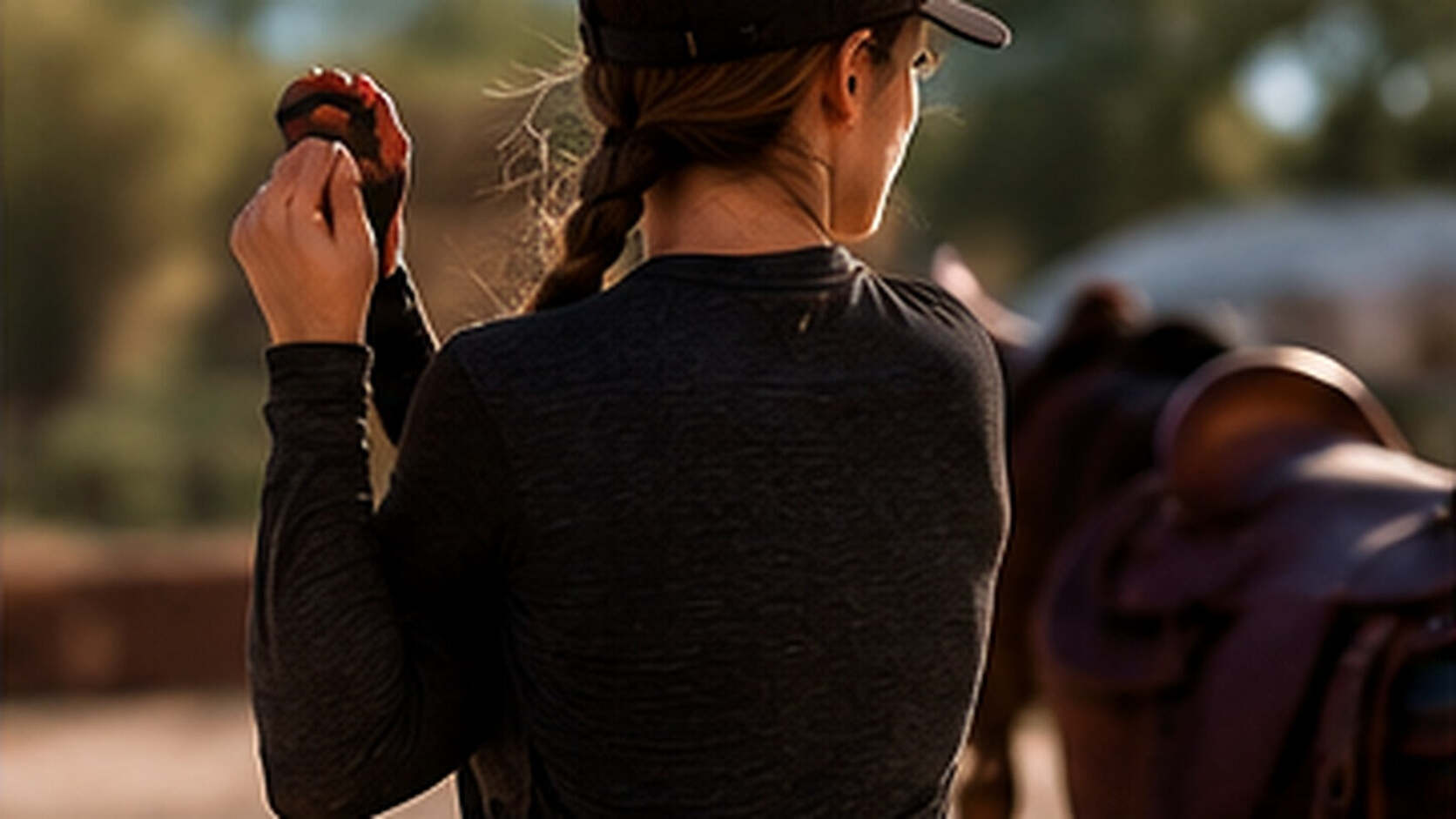 Rider cooling down her shoulder beside a saddle after a long ride