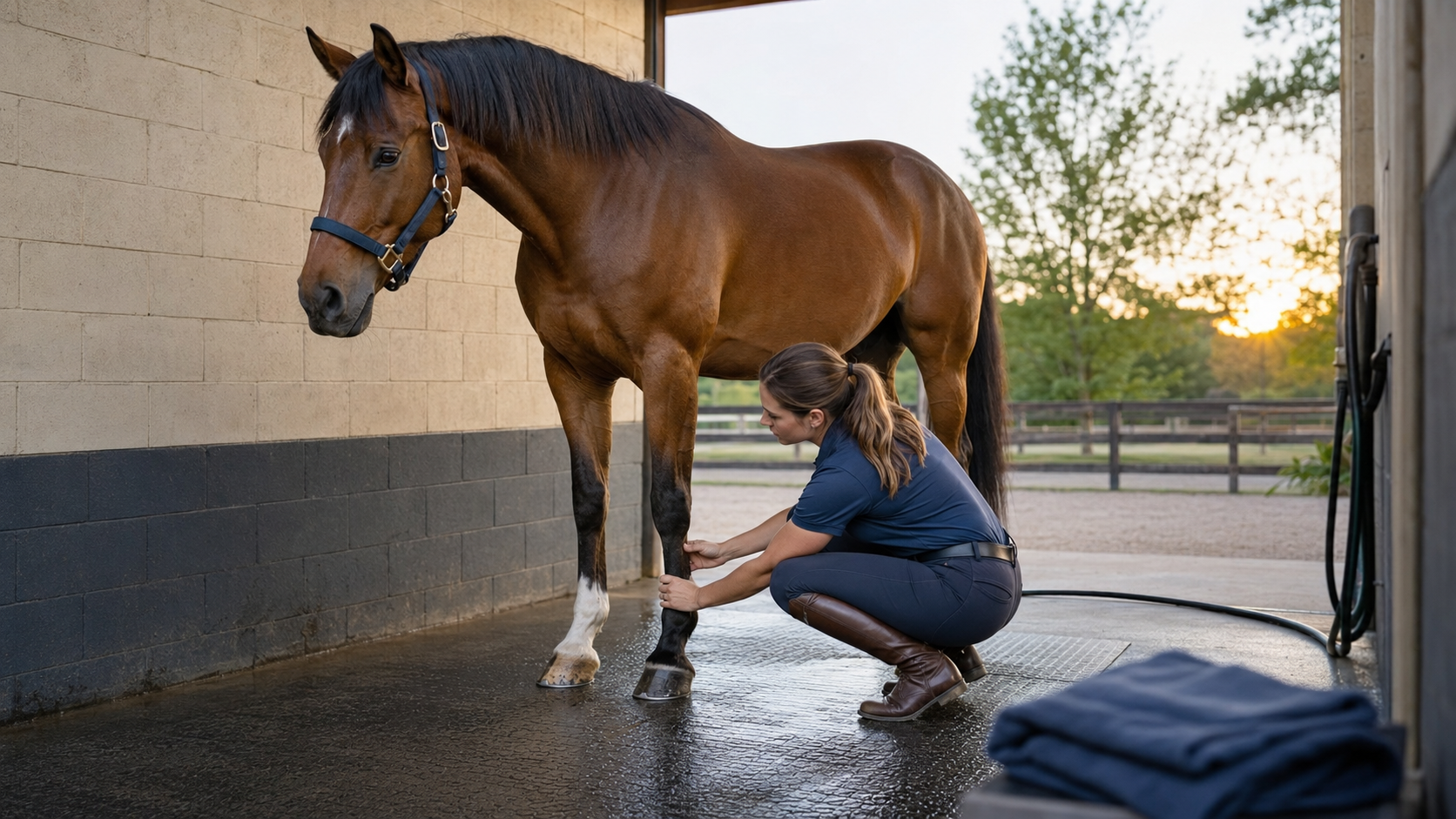 Rider evaluating a horse's lower leg before choosing a post-ride routine