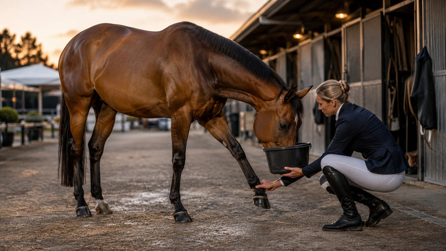 Rider checking a horse’s lower leg after a show