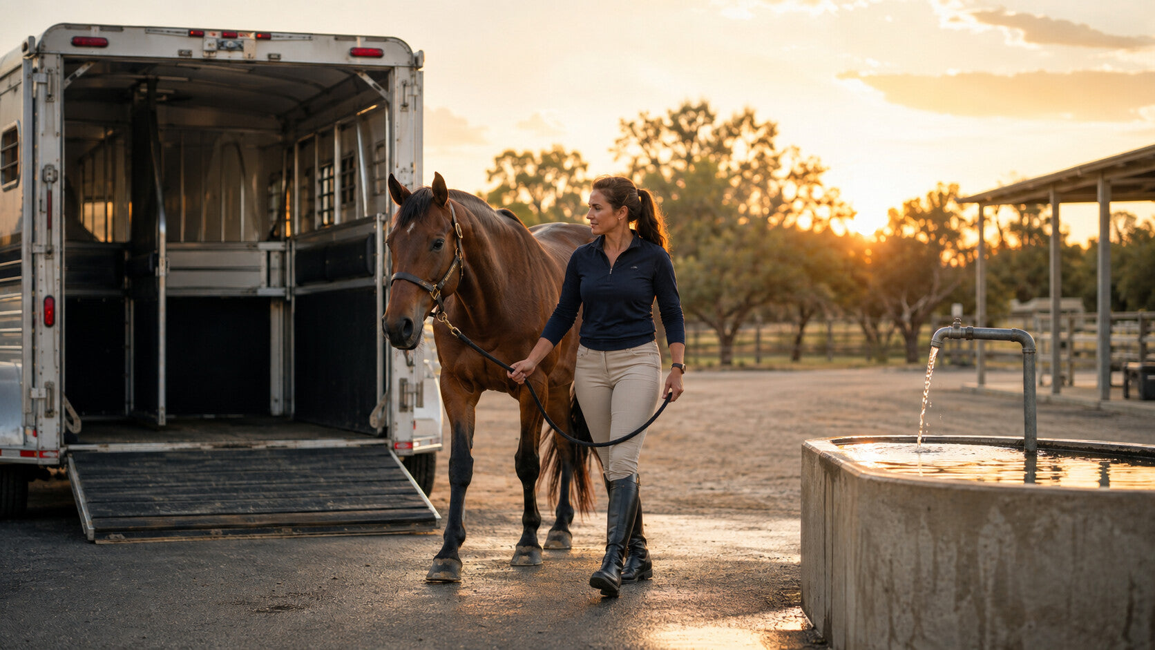 Handler walking a horse after unloading from a trailer