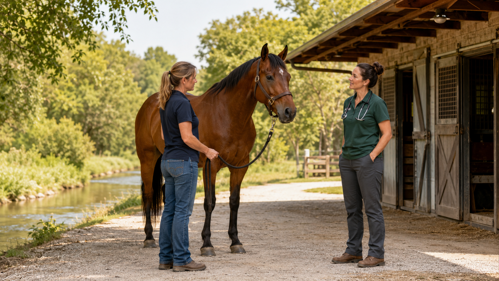 Horse owner and veterinarian checking a bay horse near a late-summer freshwater channel
