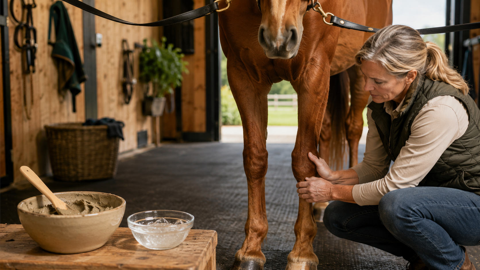 Horse owner comparing poultice and clear gel formats before a lower-leg care routine