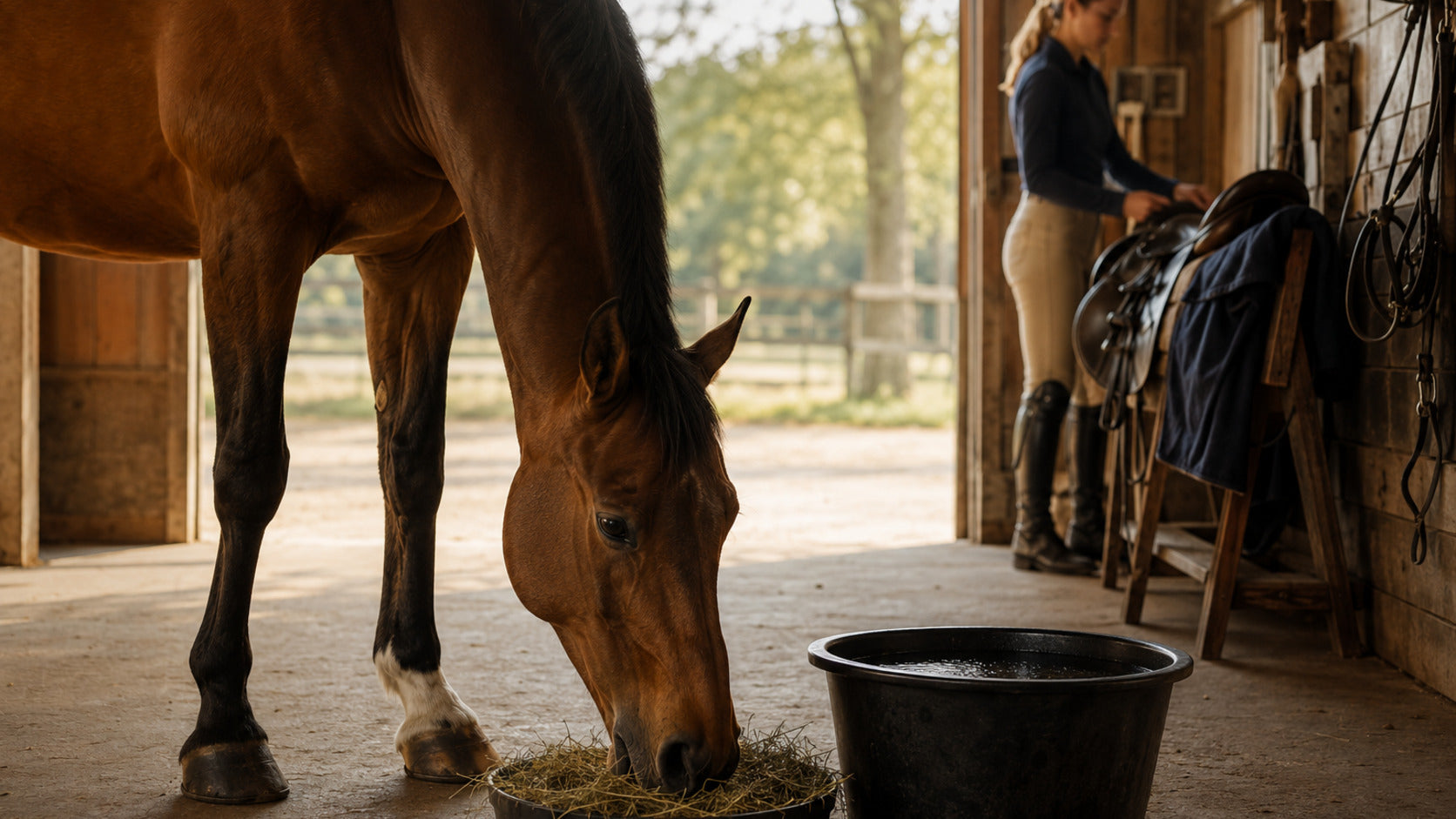Horse eating forage calmly before a rider prepares tack nearby