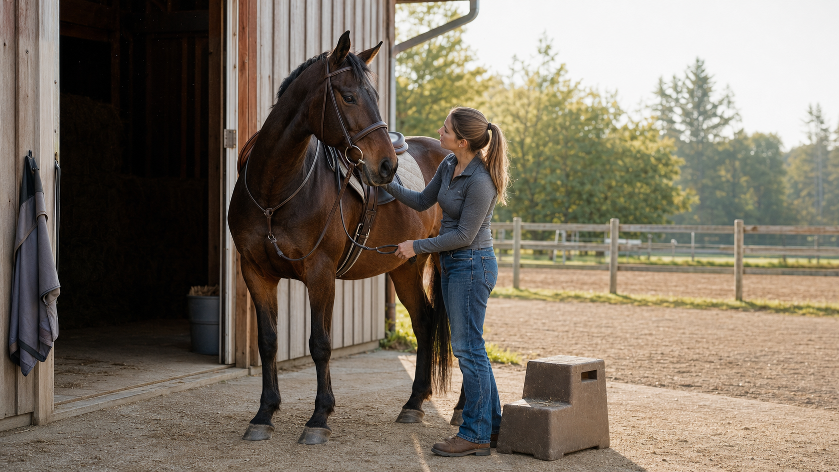 Rider assessing a saddled horse before deciding to ride