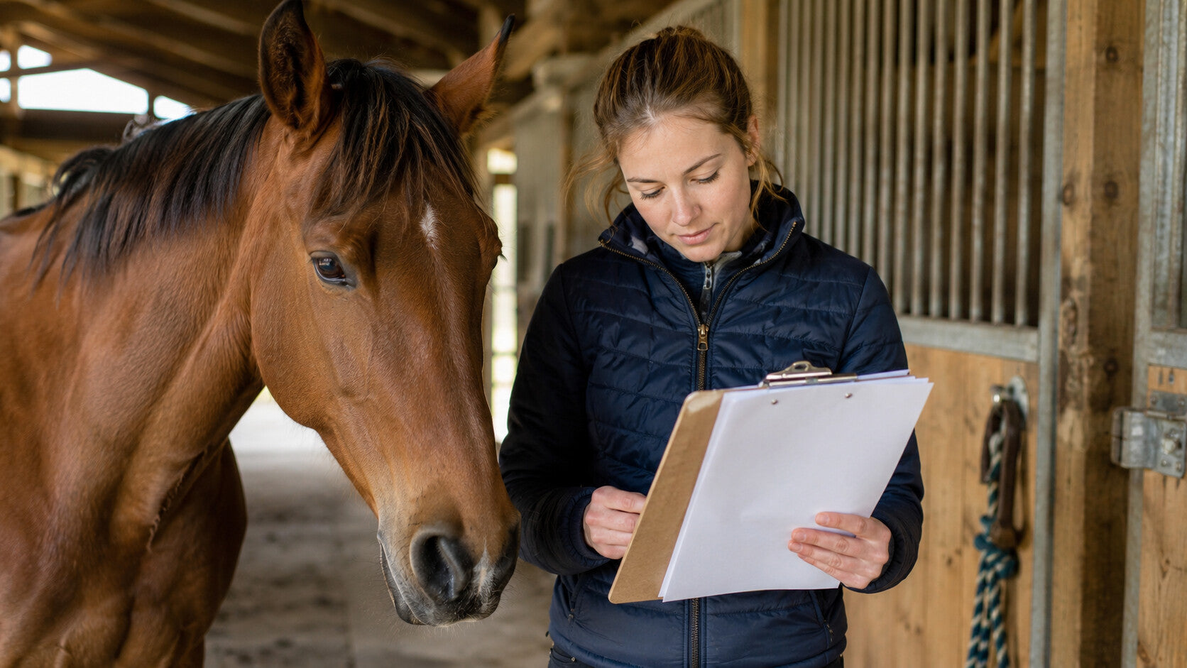 Rider comparing weekly horse-care notes beside a calm horse