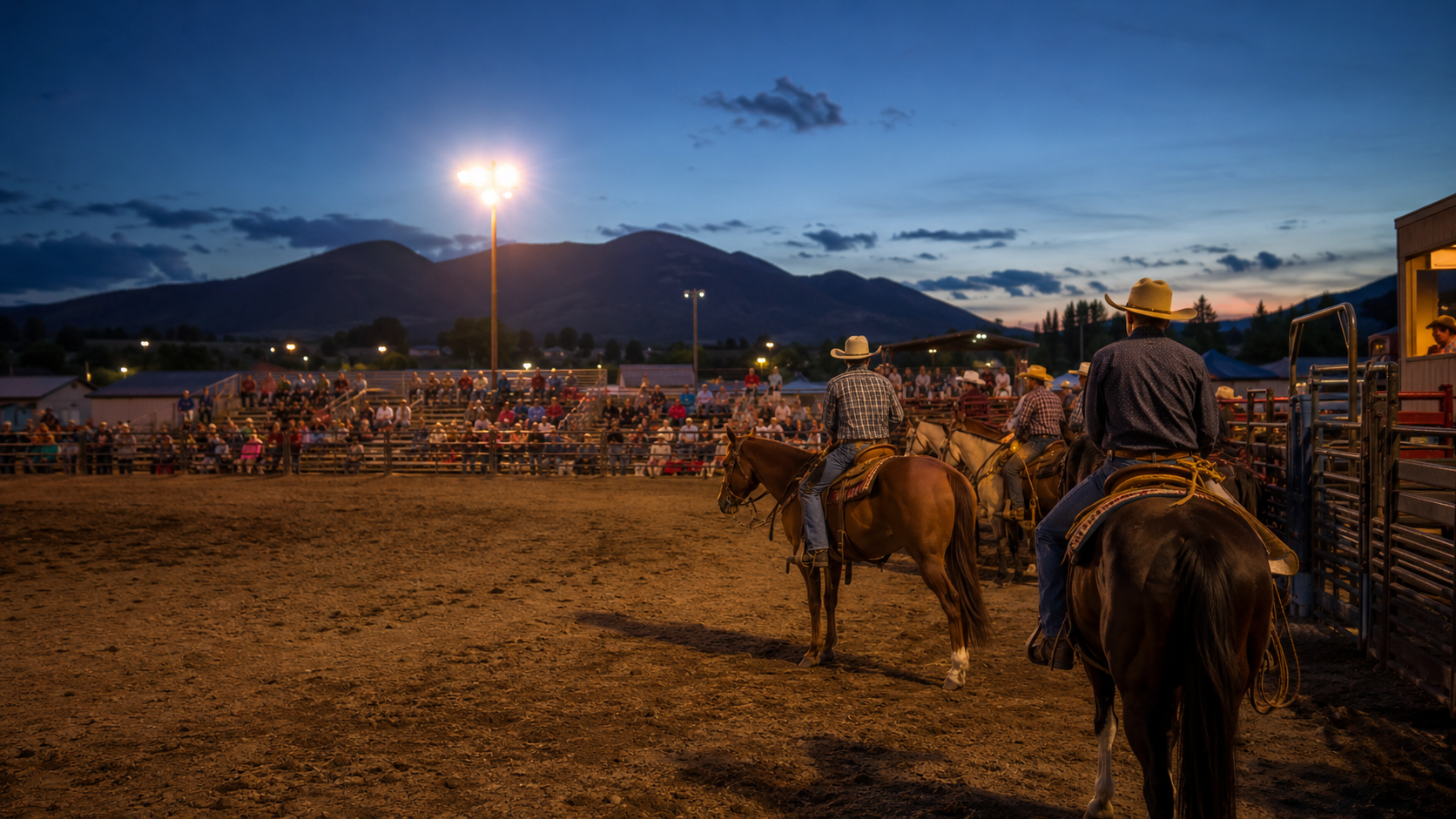 Riders entering an Idaho night rodeo under arena lights