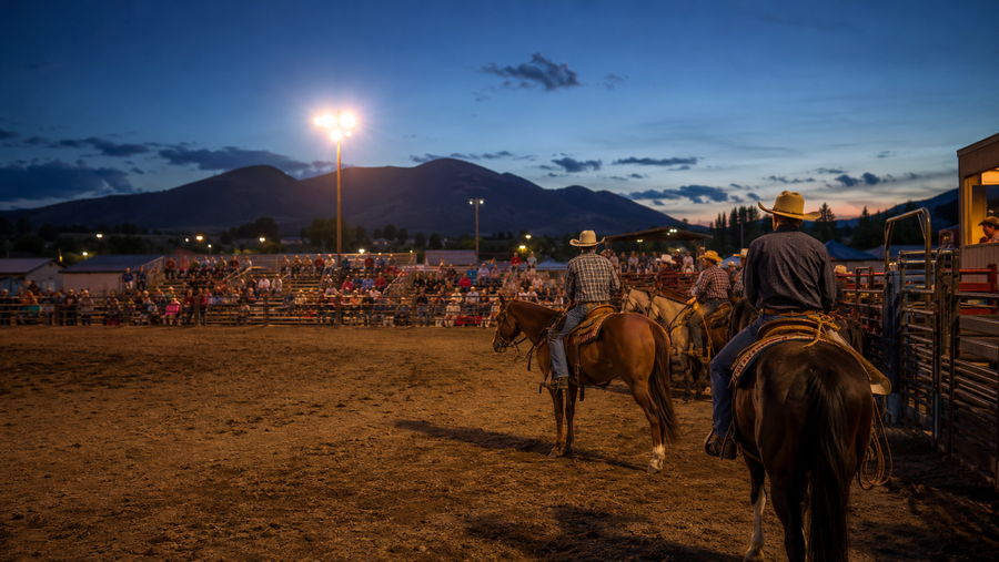 Riders entering an Idaho night rodeo under arena lights
