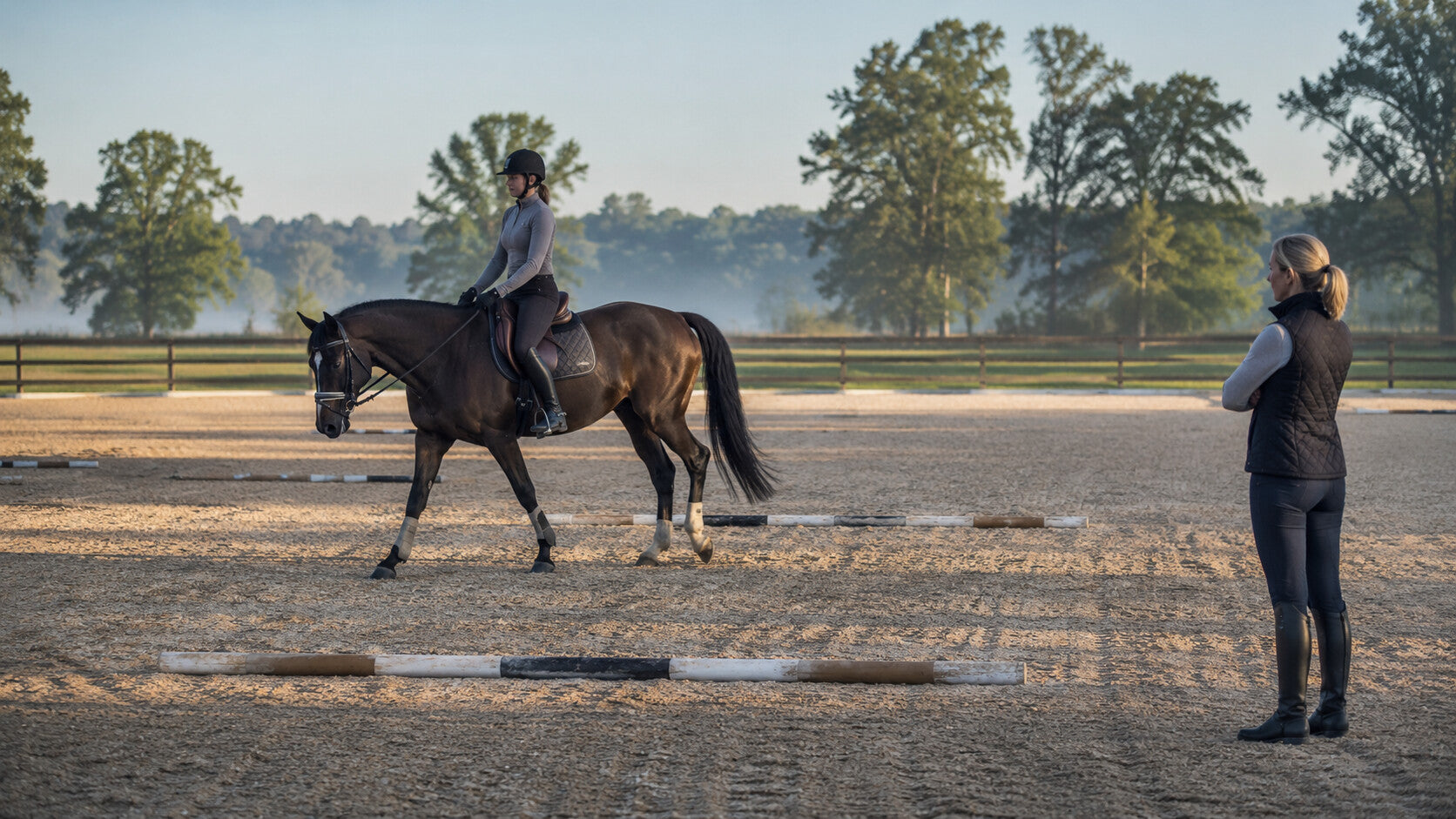 Horse beginning a gradual arena warm-up under rider and trainer observation