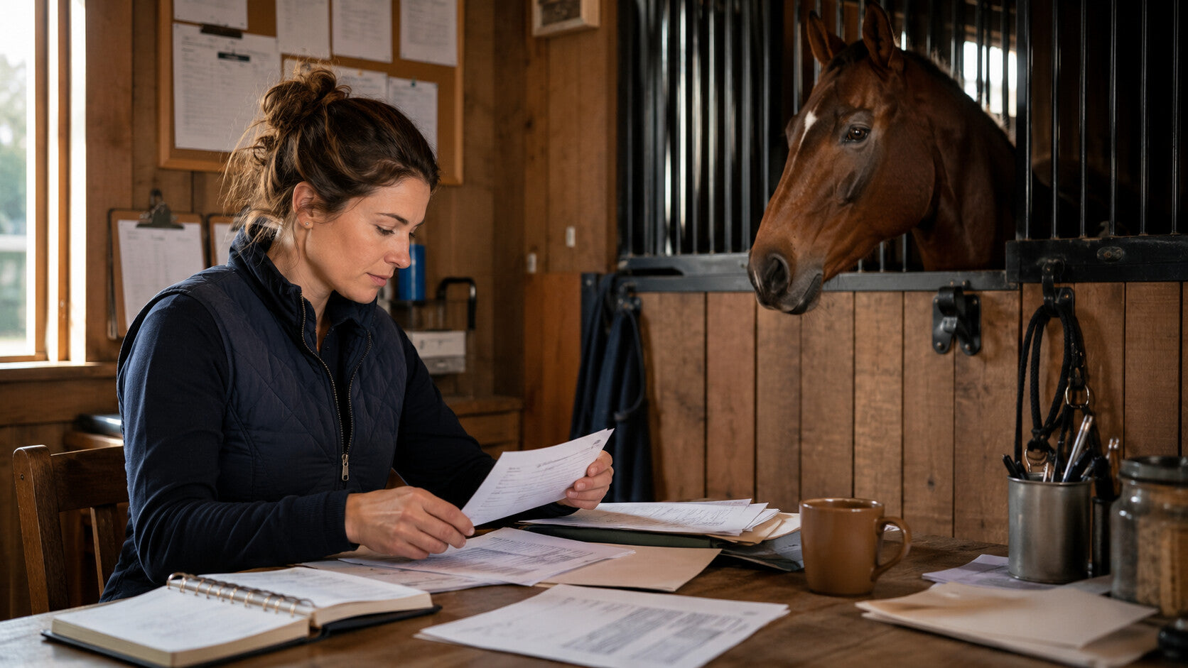 Barn manager reviewing horse-care expenses beside a stall