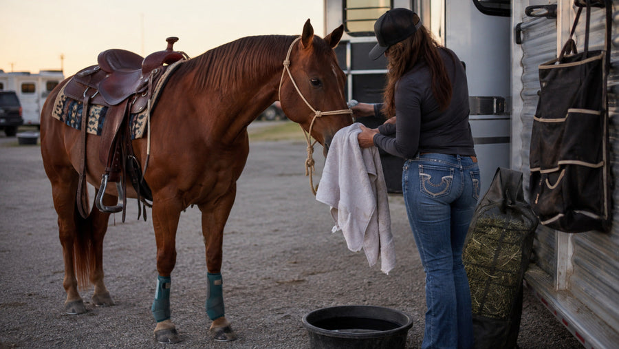Barrel horse owner organizing one simple post-run care routine at a trailer