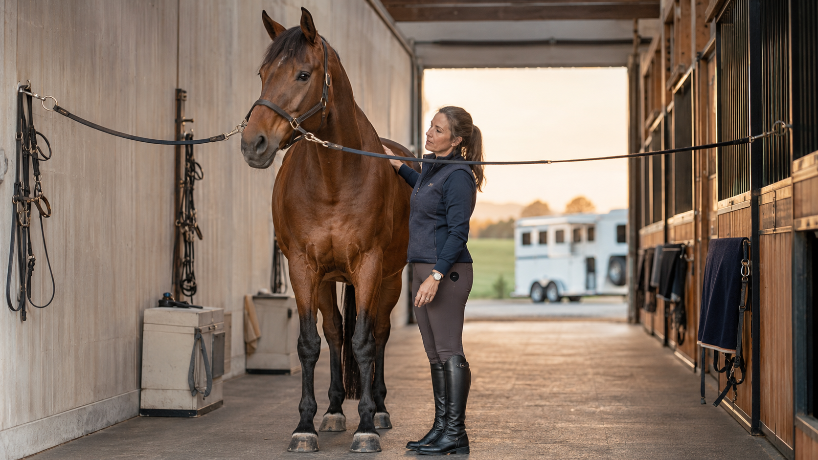 Rider quietly checking a horse in the barn before traveling to a clinic