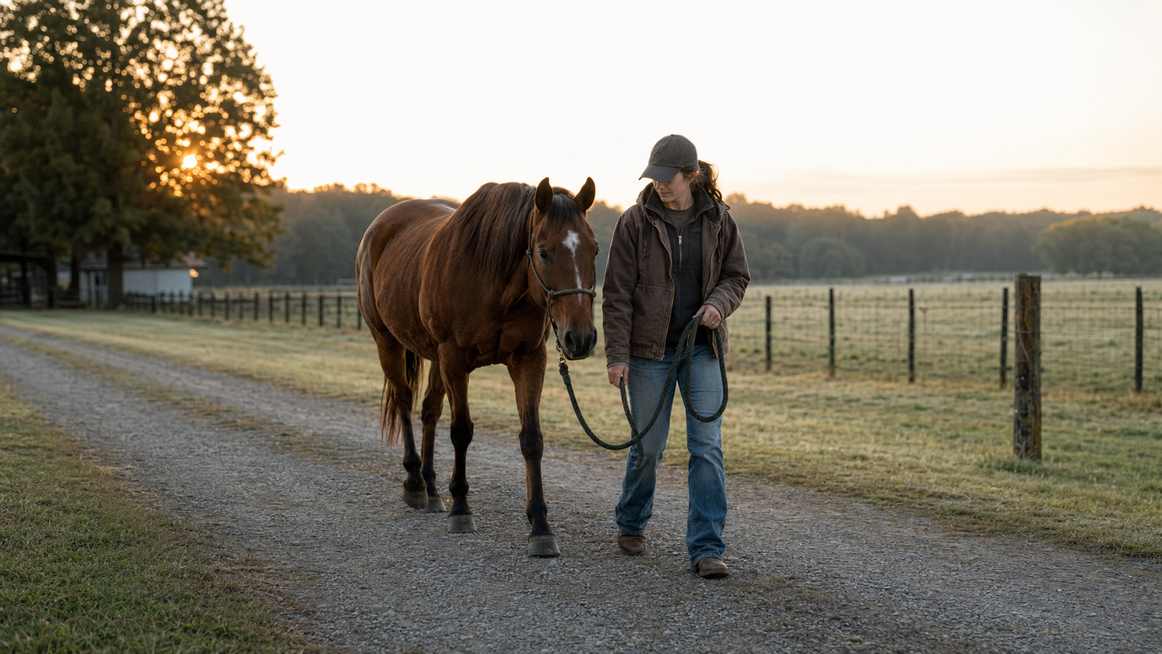 Rider quietly walking a horse as part of a consistent daily routine