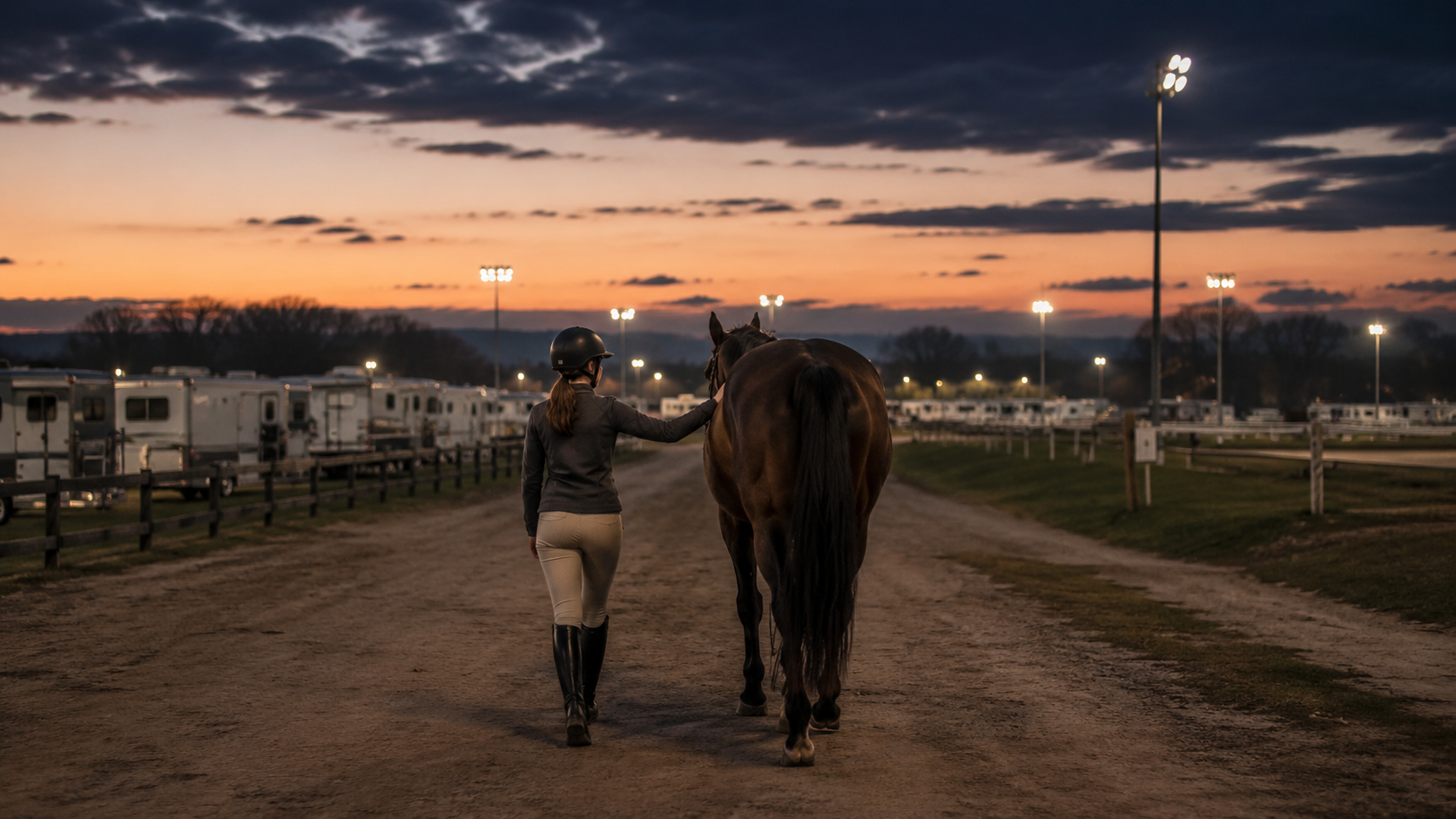 Rider and horse walking together after an evening horse show