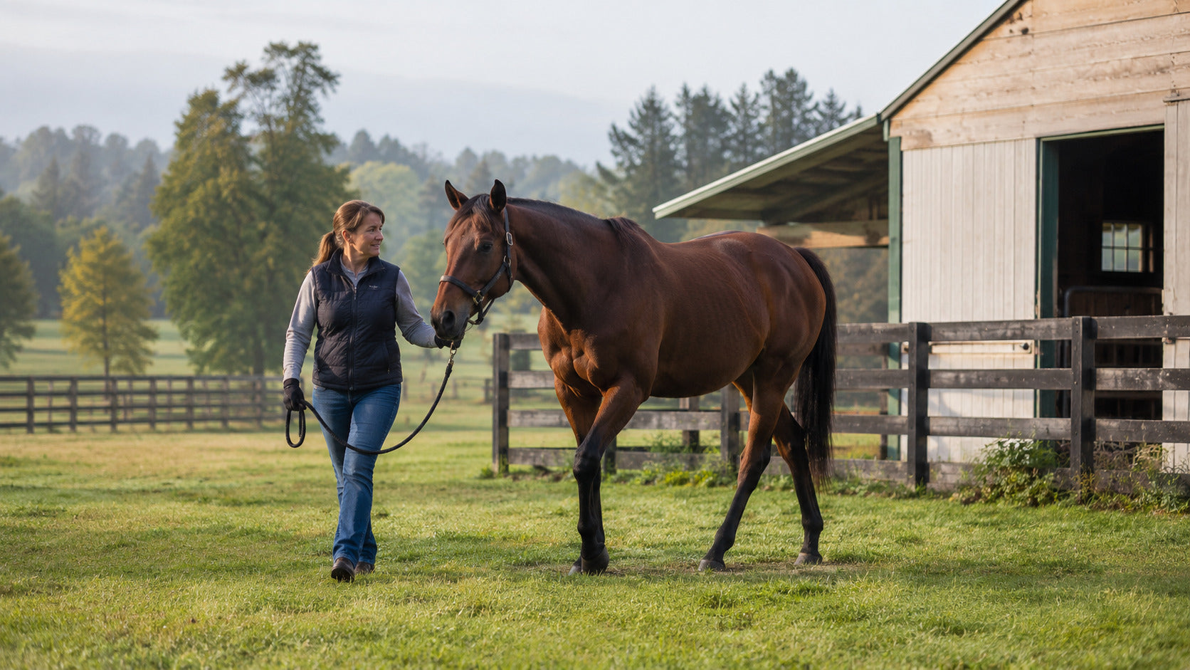Retired Thoroughbred walking into a new pasture routine