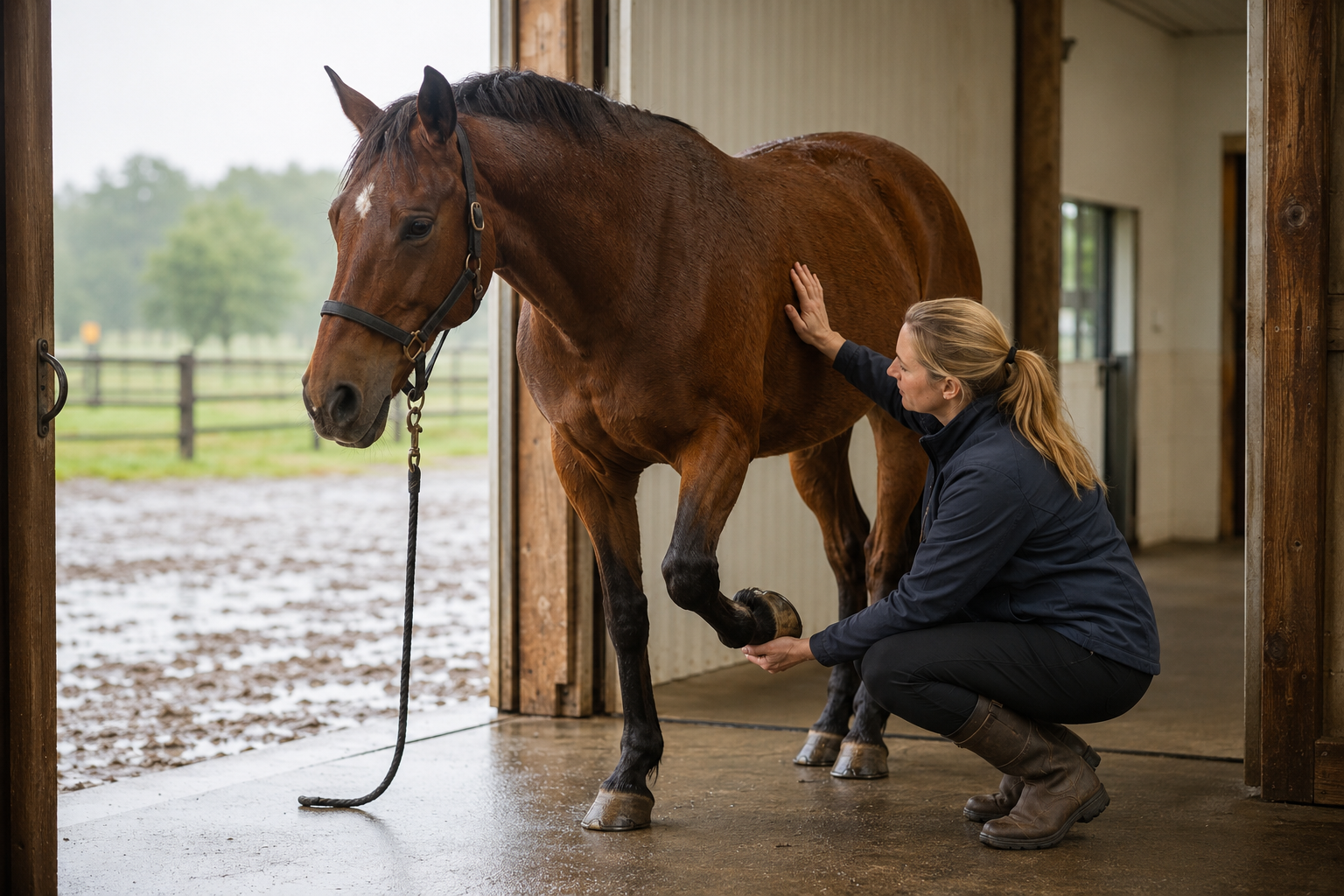 Horse owner checking skin and lower limbs after wet muddy weather