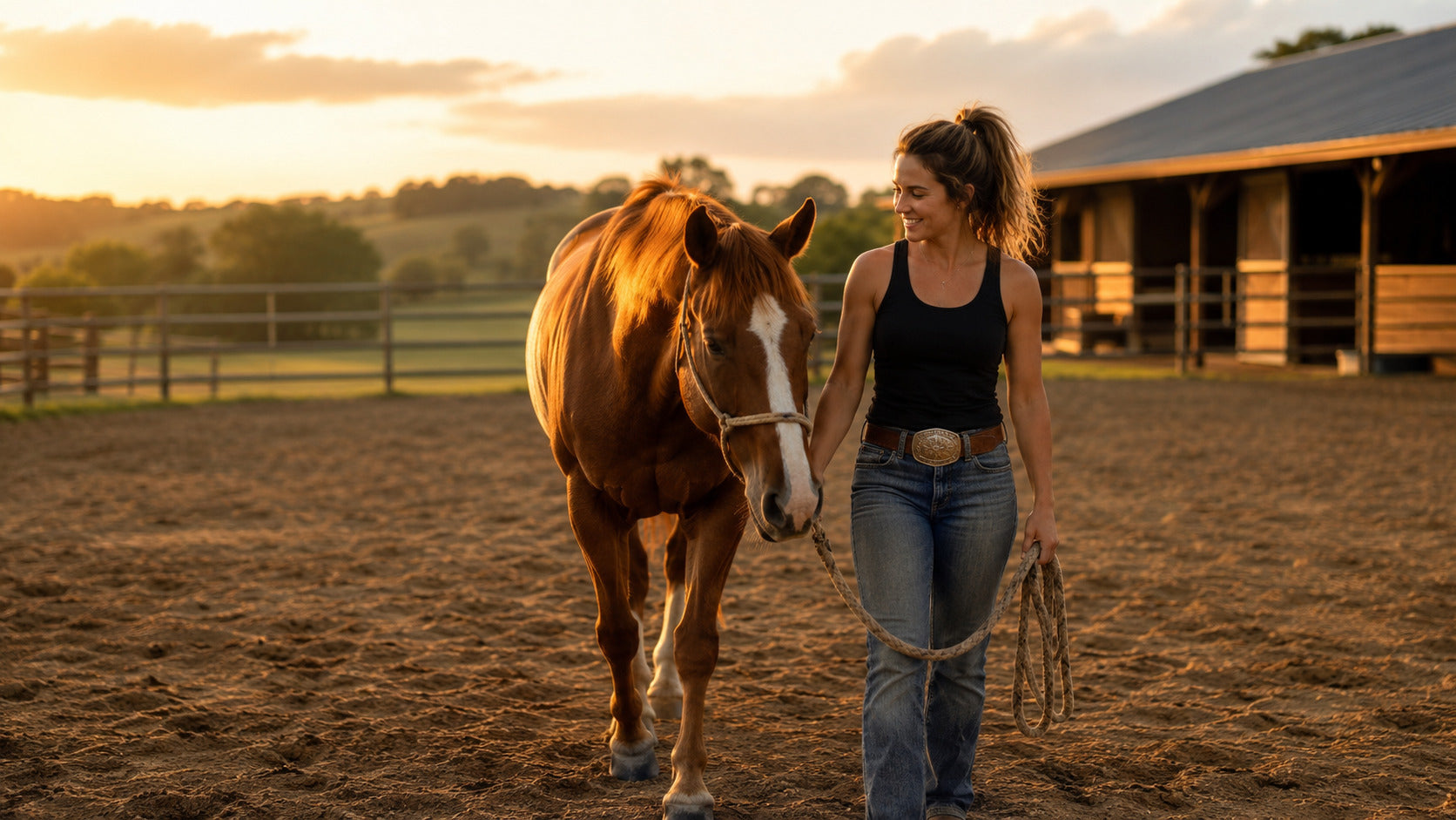 Barrel rider walking with a sorrel horse after practice