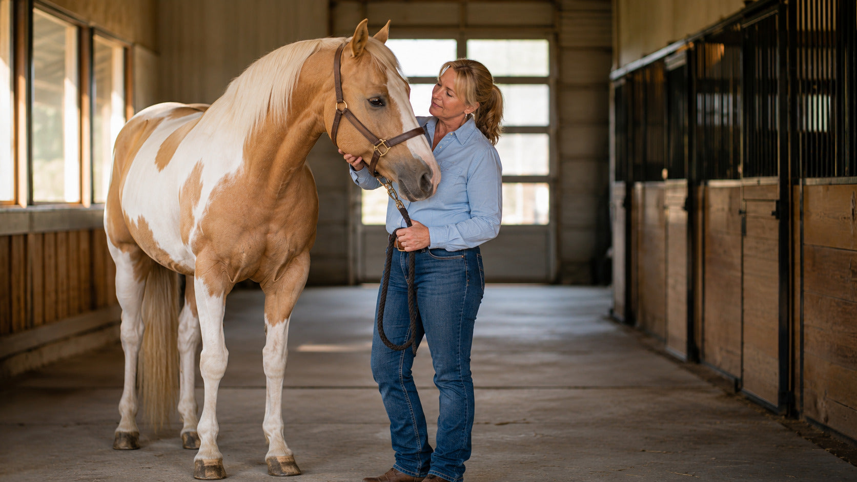 Experienced horsewoman standing with a palomino Paint mare in a barn aisle