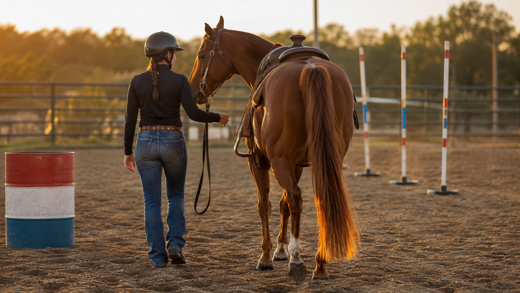 Rider walking with a chestnut horse after barrel and pole-bending practice
