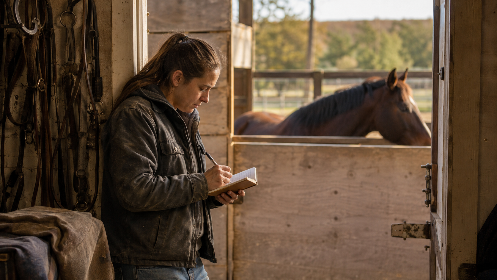 Rider recording barn notes after observing a horse