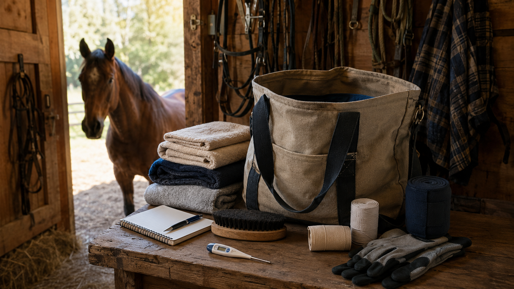 Practical unbranded horse recovery kit arranged in a tack room