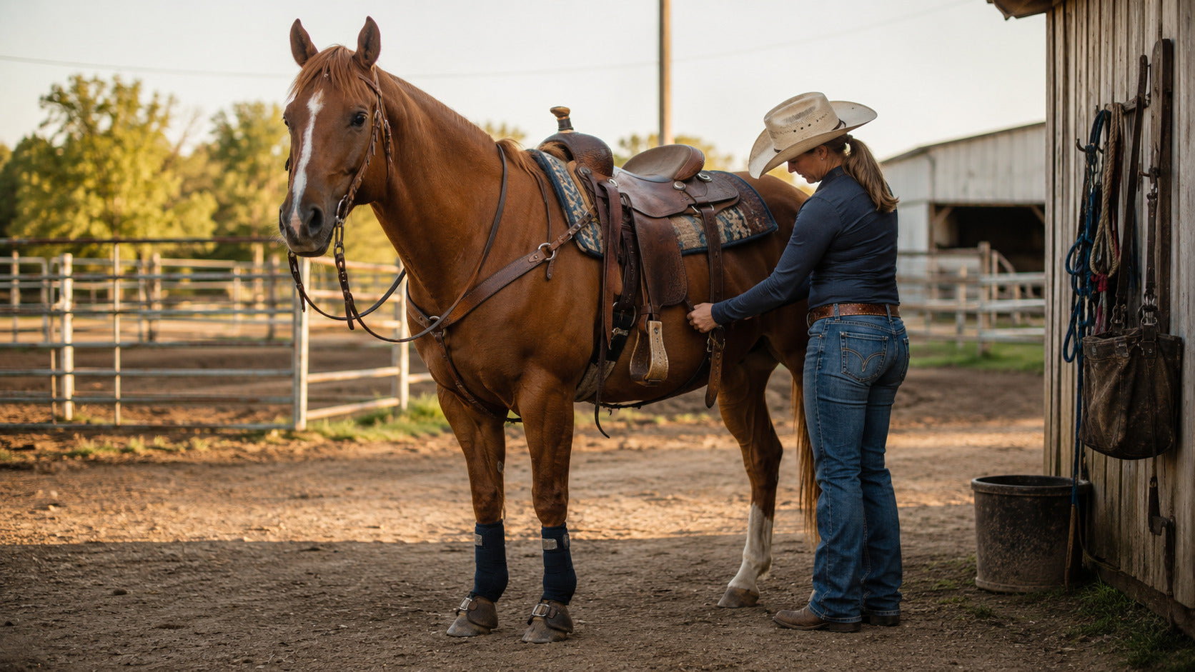 Western rider preparing a compact sorrel mare for work