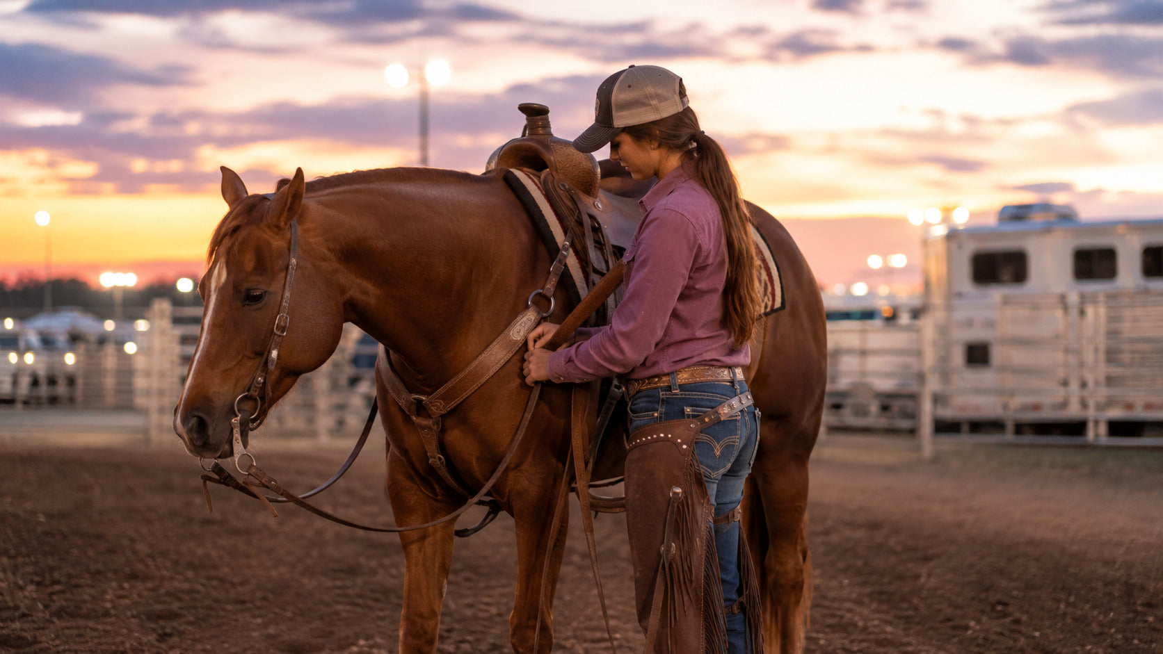 Western rider caring for a horse after an evening ride