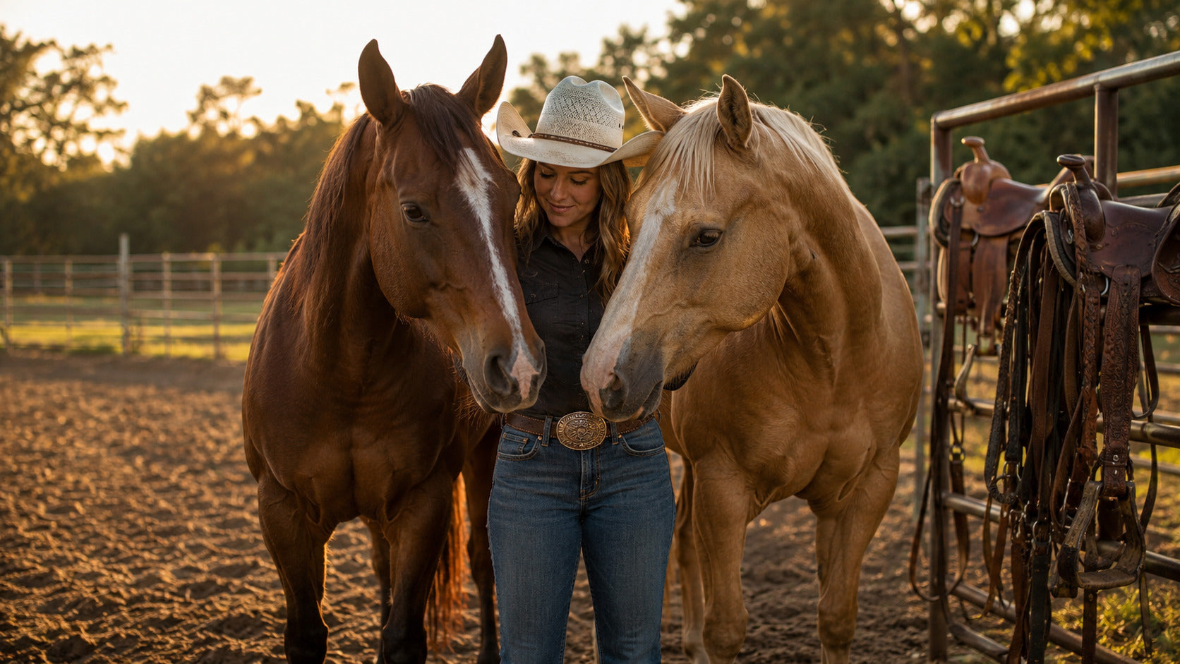 Barrel rider standing with two horses beside an arena