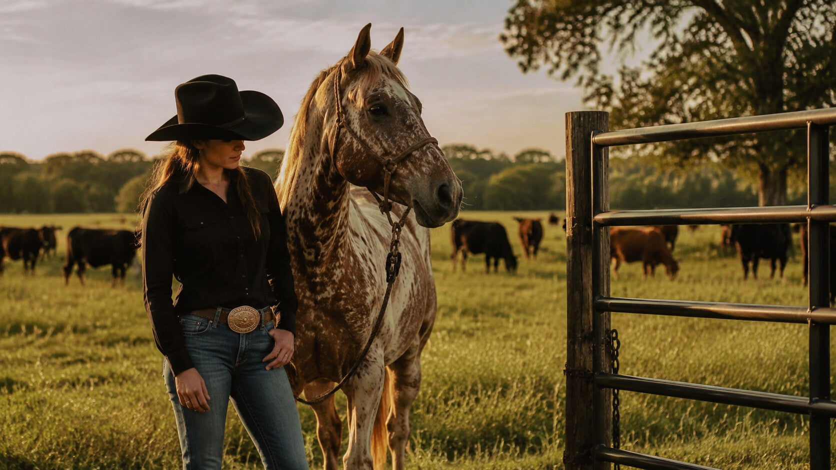 Young western rider standing with an Appaloosa on a cattle farm