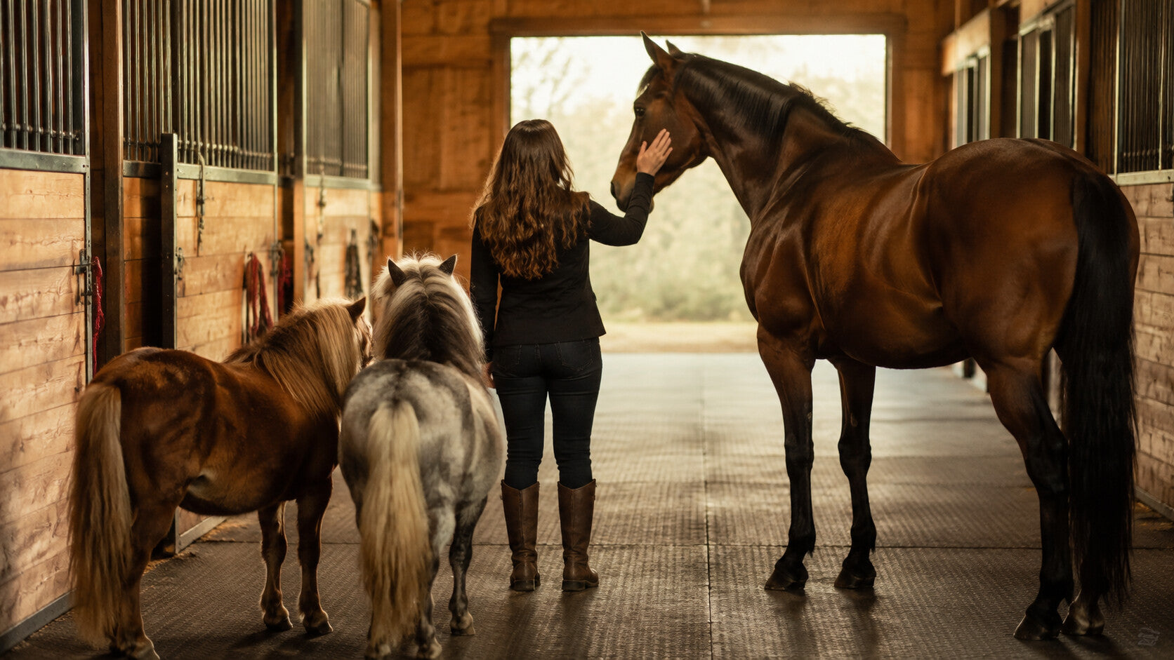 Dedicated rider connecting with a full-size horse and two miniature horses