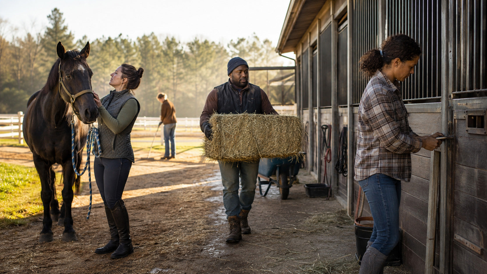 Horse owners completing morning chores together at a working barn