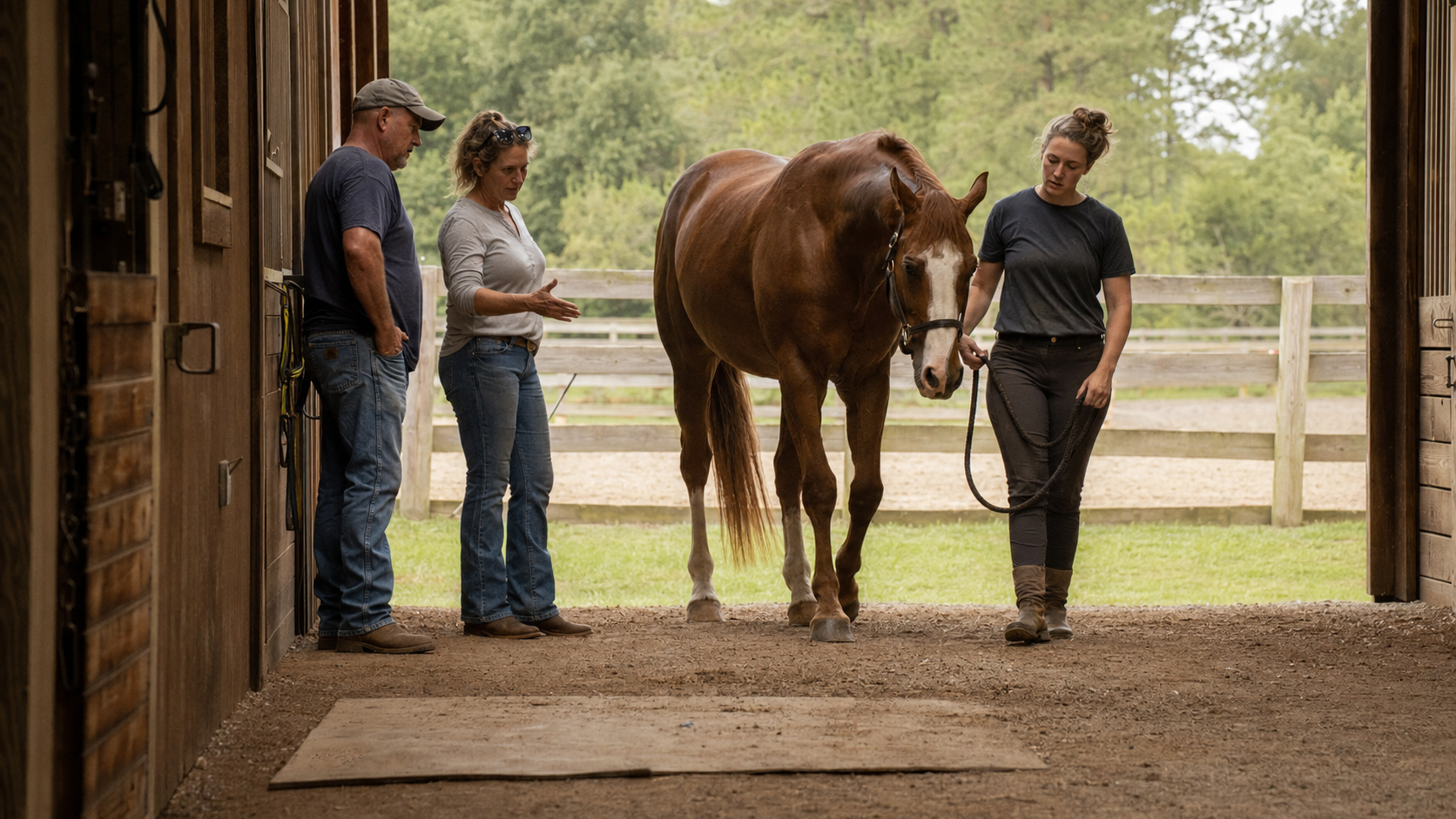 Horse owner and barn professionals observing a horse during a movement check
