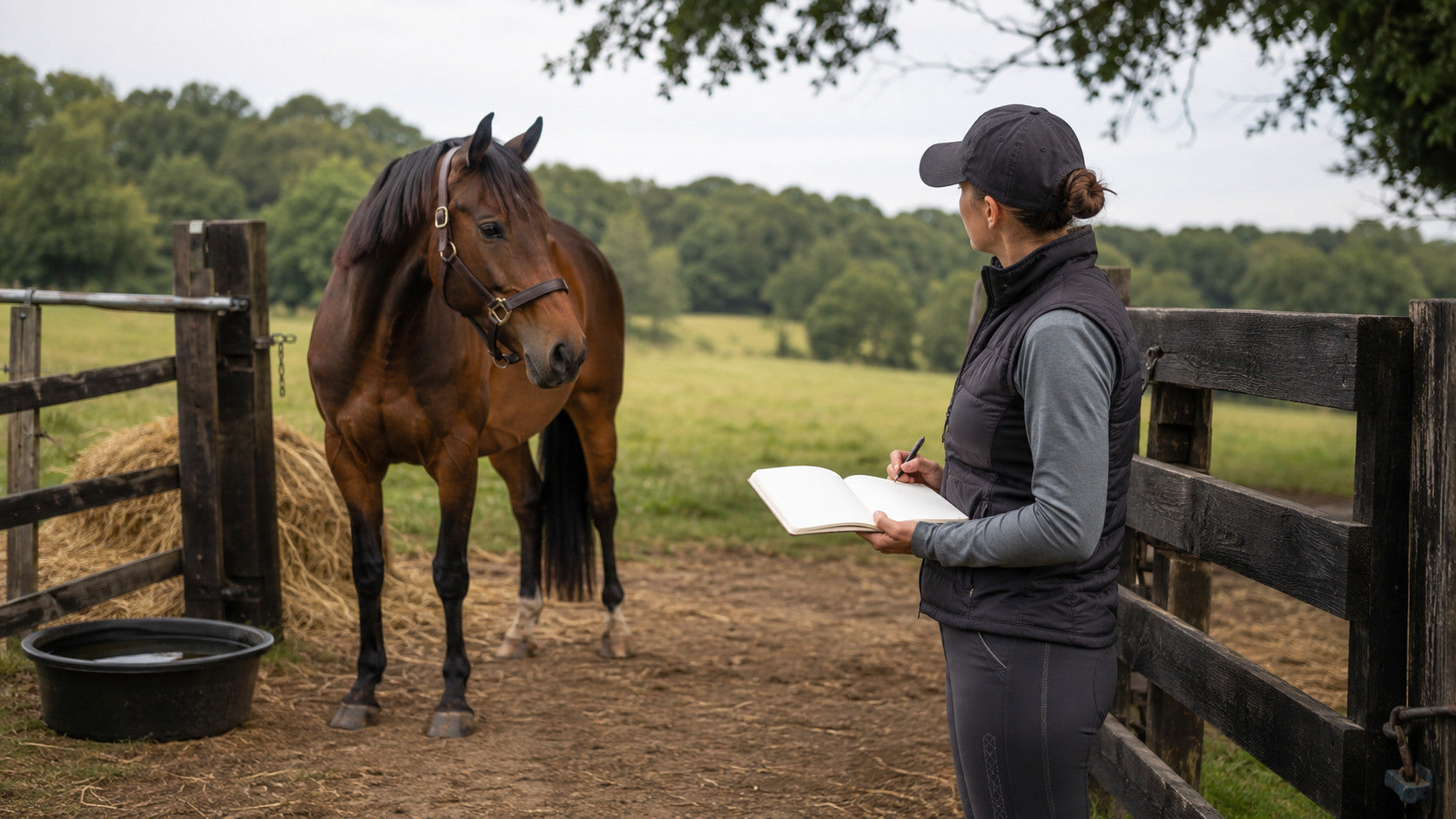 Horse owner recording observations during a recovery-day turnout check
