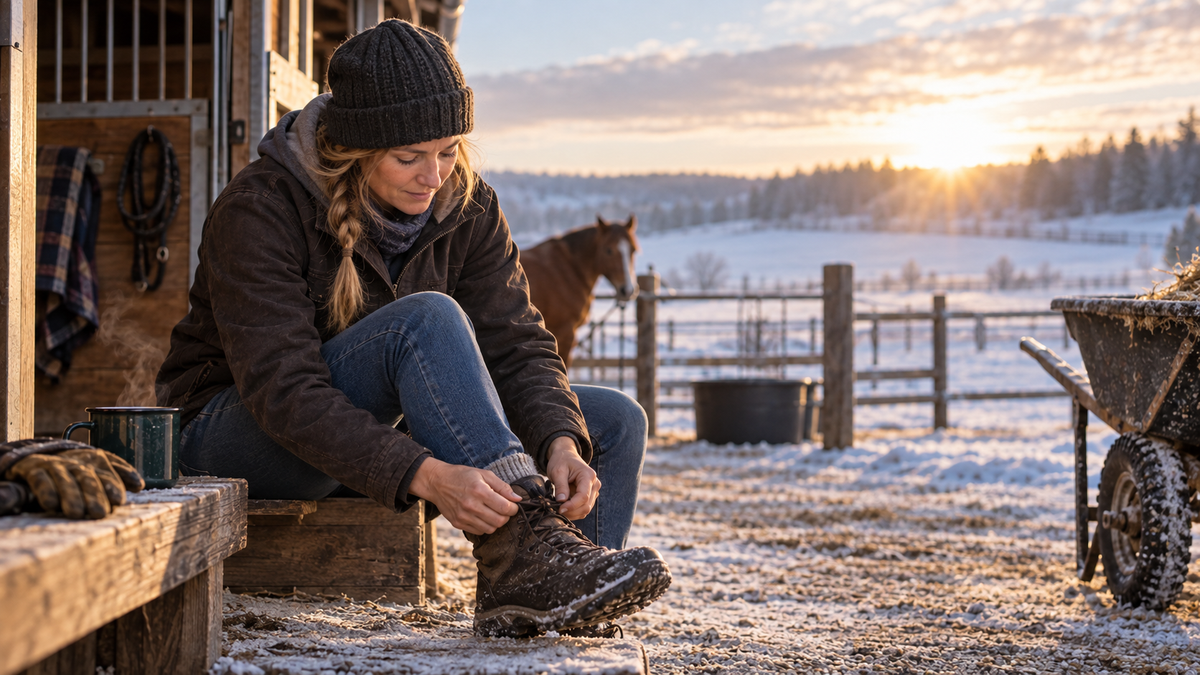 Ranch woman lacing a winter work boot outside a barn on a frosty morning