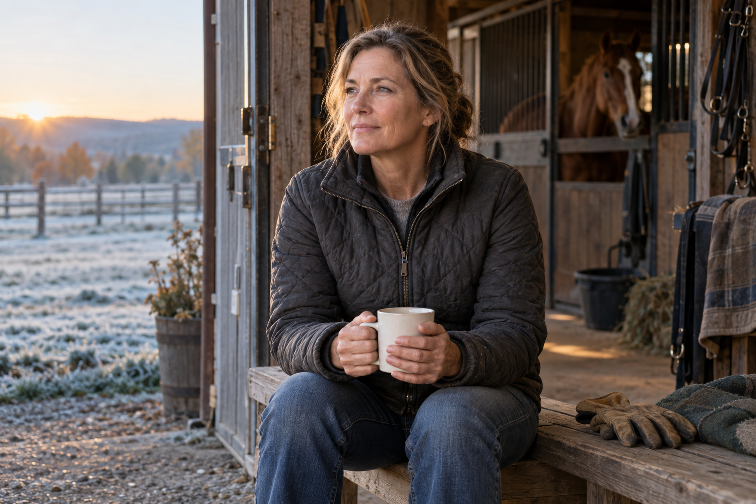 Horse owner holding a warm mug at a barn doorway on a frosty autumn morning.