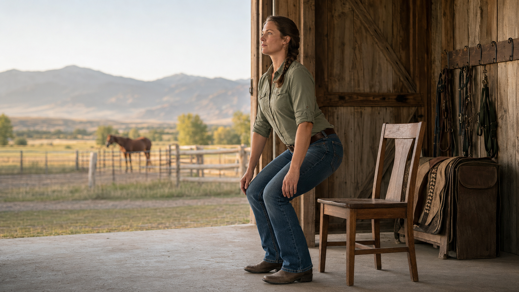 Ranch rider performing a controlled sit-to-stand beside a chair in an open barn