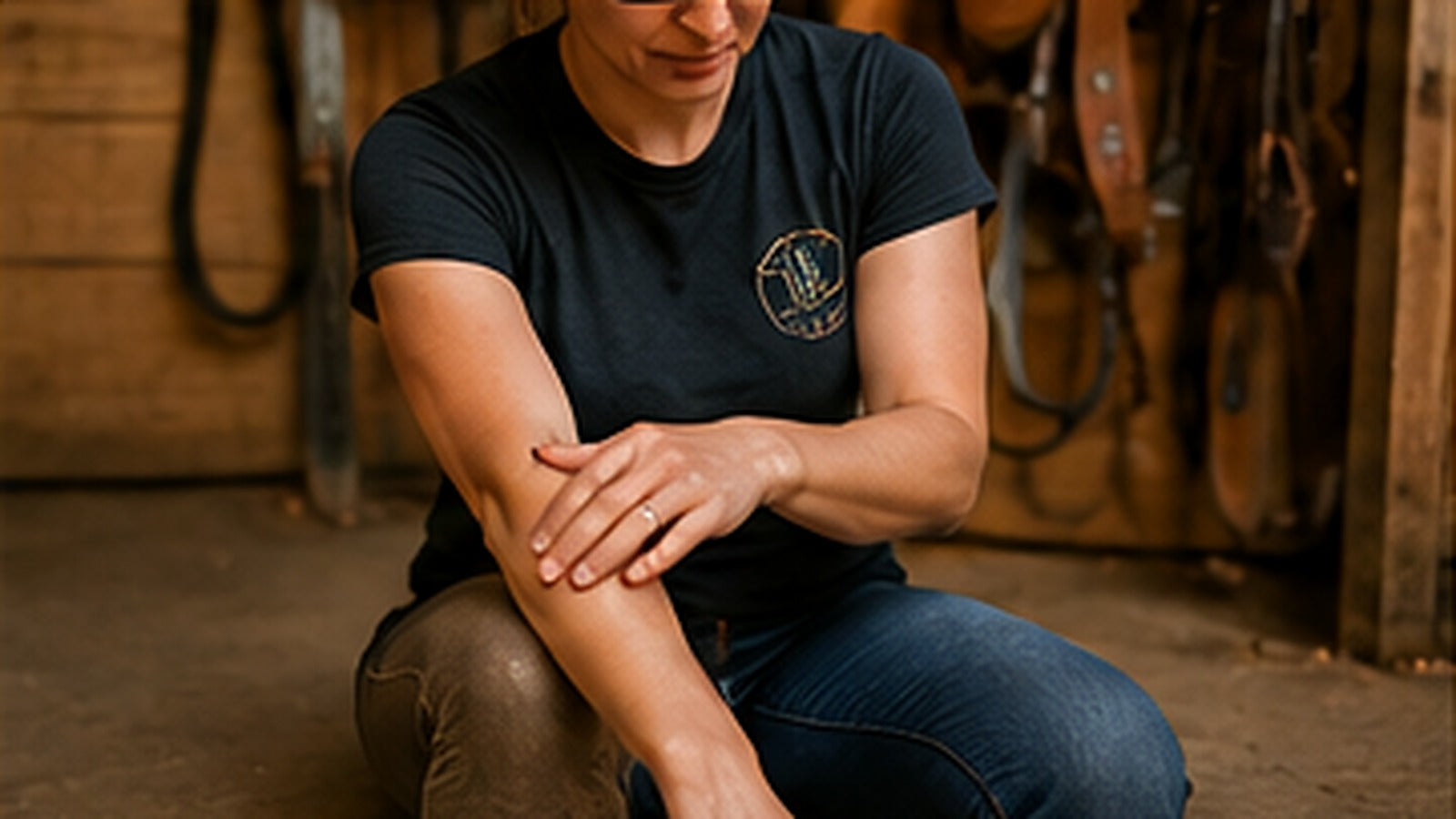 Active rider applying topical gel to her forearm after physical activity