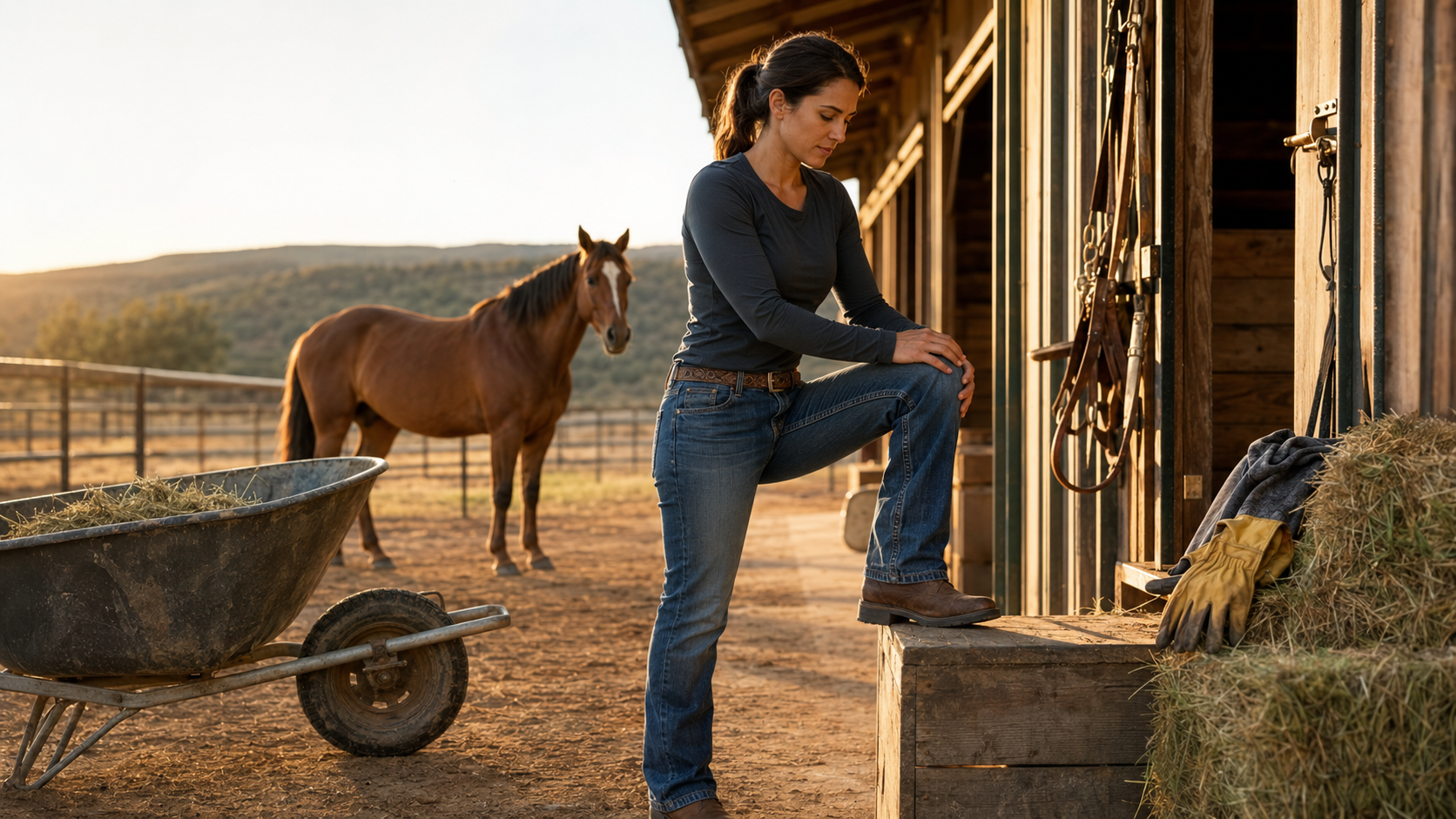Ranch worker taking a calm knee-mobility break beside a barn after chores
