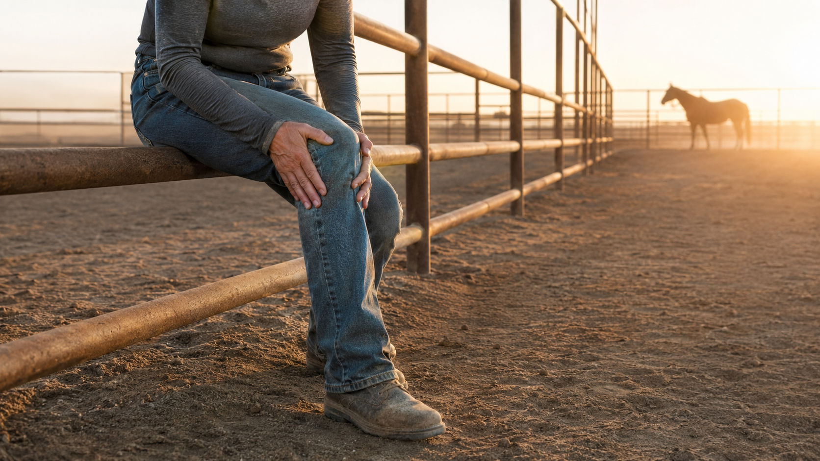 Rider resting a knee beside the arena after a long day